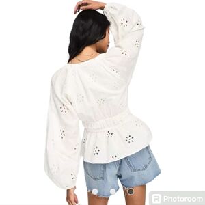 Asos White Cotton Kimono sleeve Eyelet embroidered V neck Shirt Size 14 Large